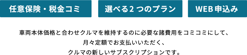 任意保険・税金コミ 選べる2つのプラン WEB申込み 車両本体価格と合わせクルマを維持するのに必要な諸費用をコミコミにして、月々定額でお支払いいただく、クルマの新しいサブスクリプションです。